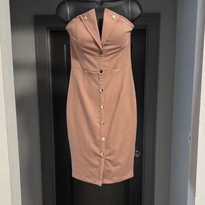 JLUXLABEL Strapless Tan Button-Front Dress